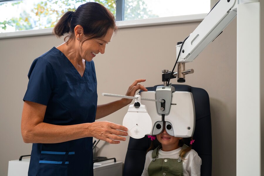 A child getting her eyes checked.