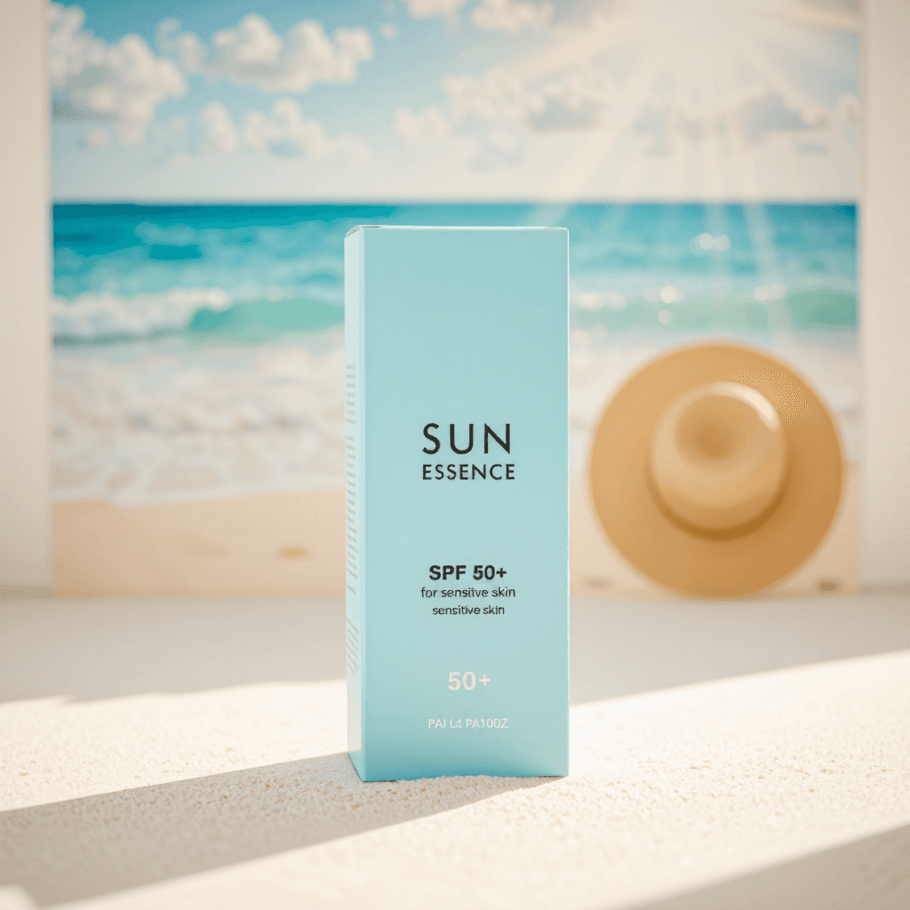 product photography of a box of sun essence for sensitive skin