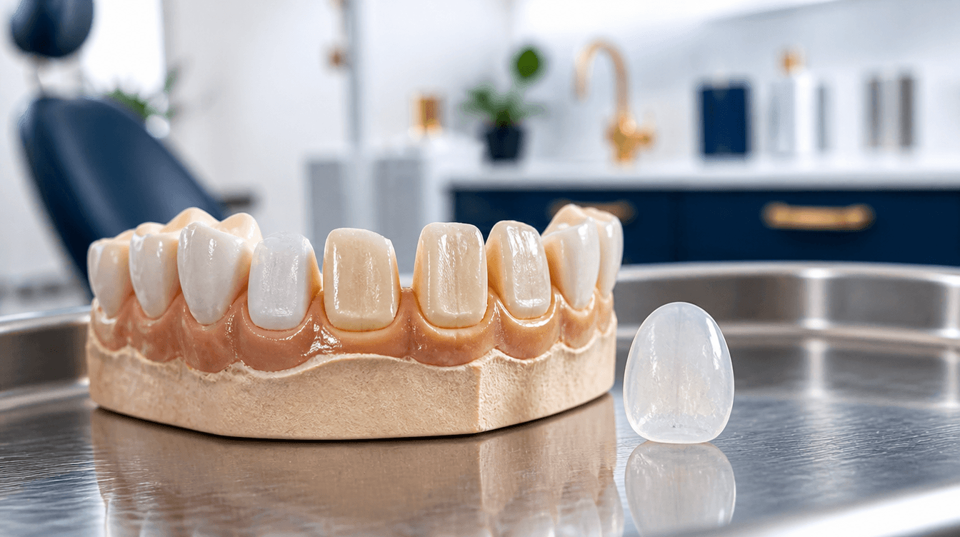 Dental model showing prepared teeth with thin enamel reduction next to a translucent porcelain veneer at a Smyrna dental practice