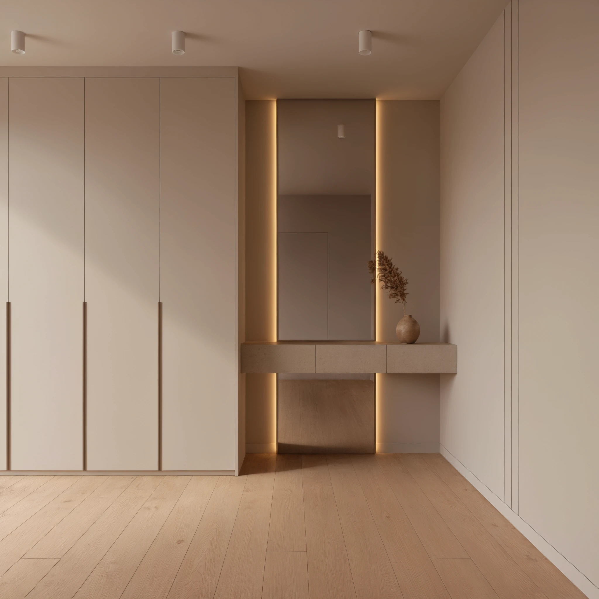 Wizualizacja holu w mieszkaniu deweloperskim – podświetlana nisza i zabudowa w jasnym drewnie