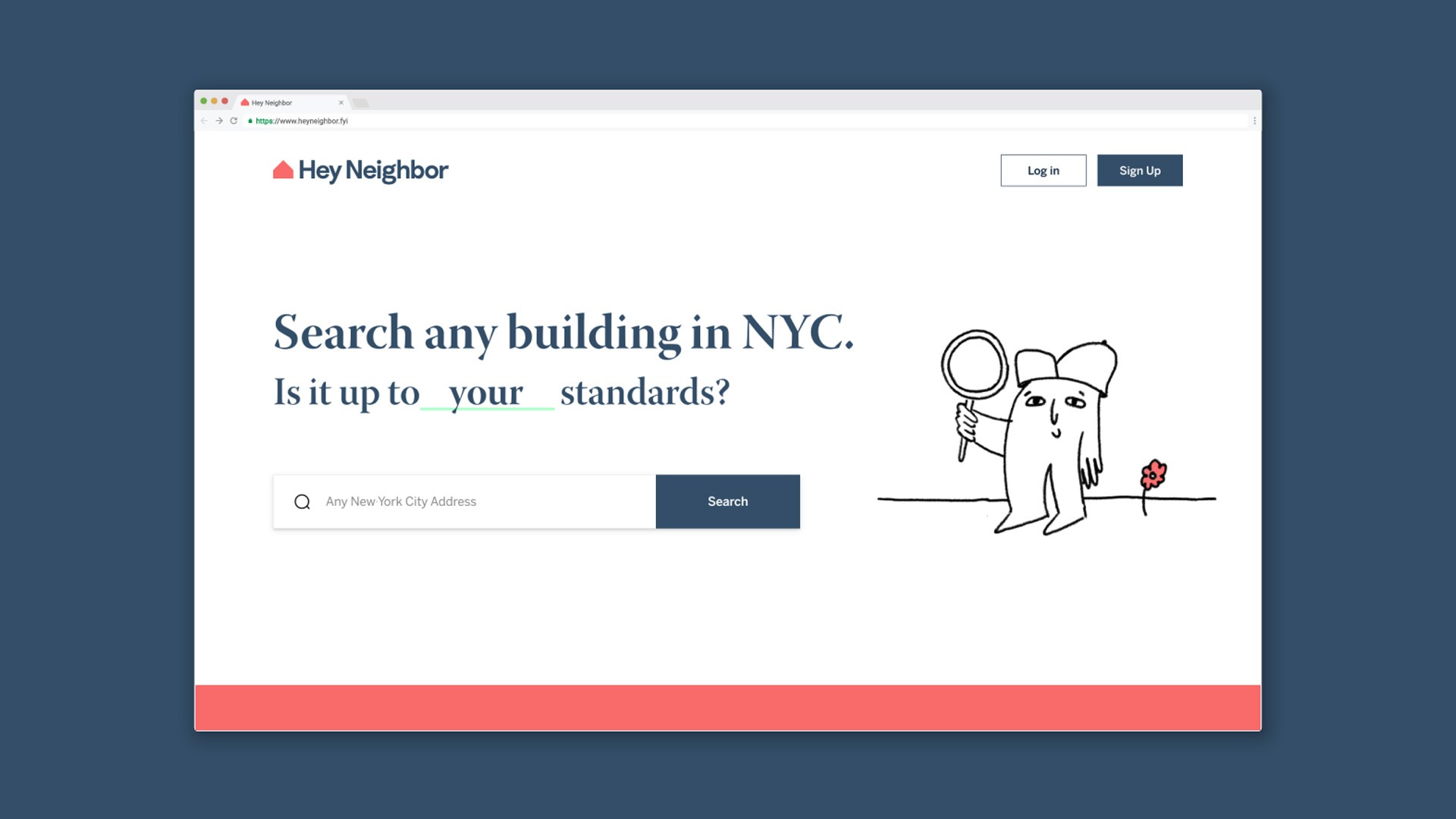 A computer screen displays the Hey Neighbor website. The website’s header reads “Hey Neighbor” with a navigation bar including a login button and a “Sign Up” button. Below, a search bar prompts “Any New York City Address.” A cartoon mouse holding a magnifying glass over a flower is positioned to the right of the search bar. The background is dark blue.