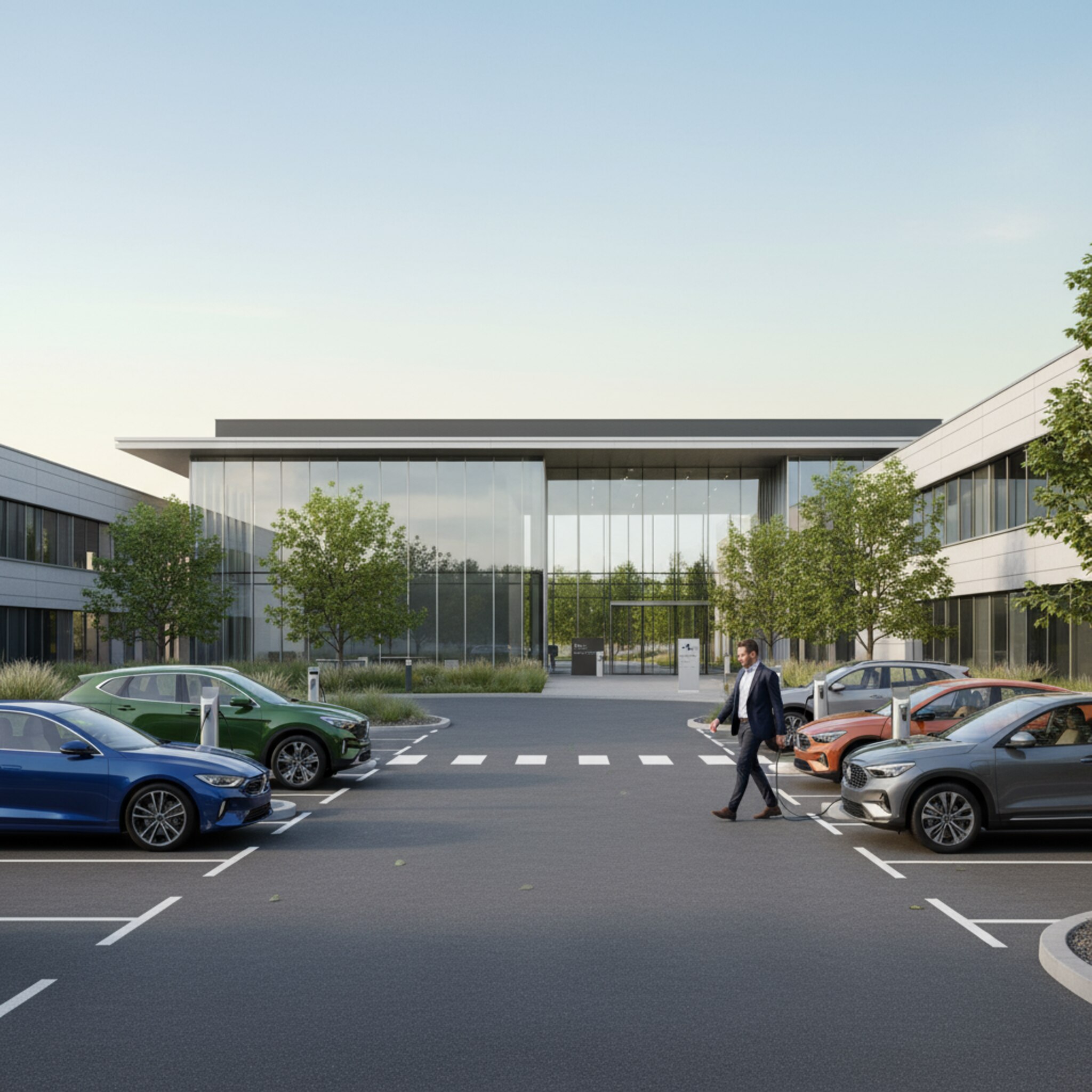 Ein moderner Campus mit klaren Linien und breiten Stellflächen. Mehrere E-Autos stehen an schlichten Ladestationen, das Kabel liegt sauber geführt. Ein Mitarbeiter parkt, schließt die Tür leise und geht über helle Bodenmarkierungen Richtung Eingang. Leichte Brise bewegt die Bäume entlang der Zufahrt.