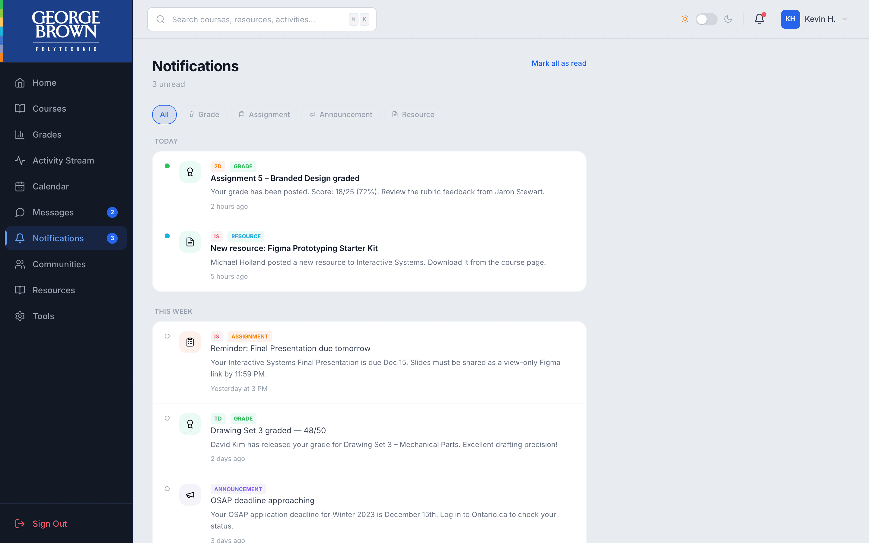 Notifications Centre. Announcements show up here, on the homepage, and pinned to the course.
