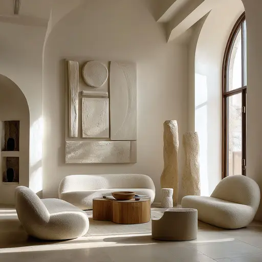 Ein modernes, minimalistisches Wohnzimmer mit geschwungenen, cremefarbenen Möbeln, einem niedrigen Couchtisch aus Holz, abstrakter Wandkunst, steinartigen Skulpturen und einem hohen Bogenfenster, das natürliches Licht hereinlässt – eingefangen in einer atemberaubenden 3D-Darstellung.