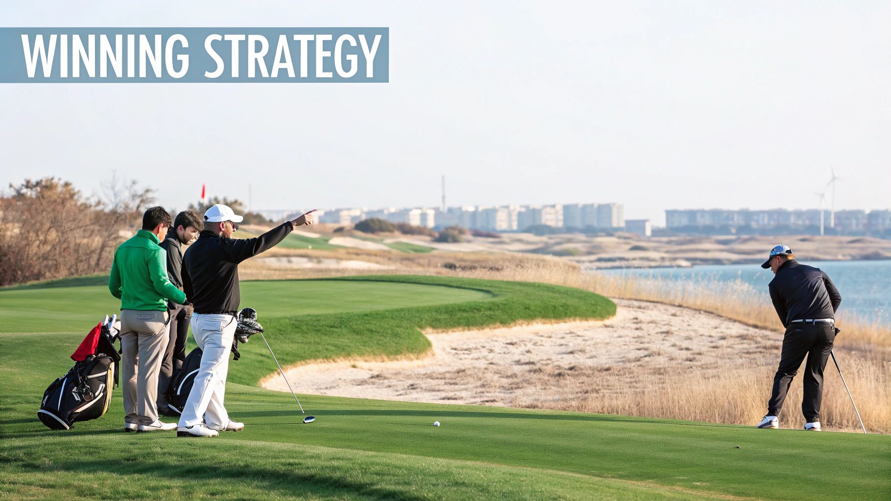 Golfers discuss winning strategy on a scenic course overlooking a lake and distant buildings.