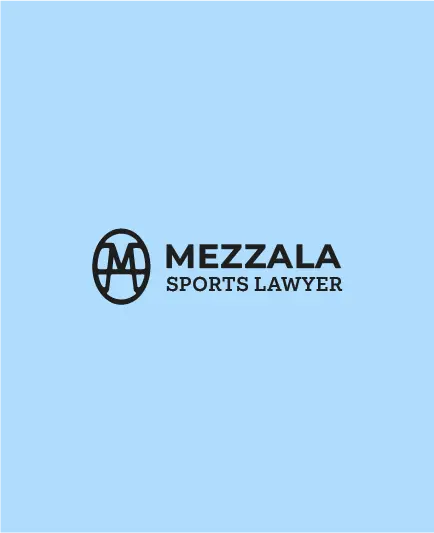 Horizontal black monogram logo for Mezzala Sports Lawyer featuring "Sports Lawyer" on a solid blue background.