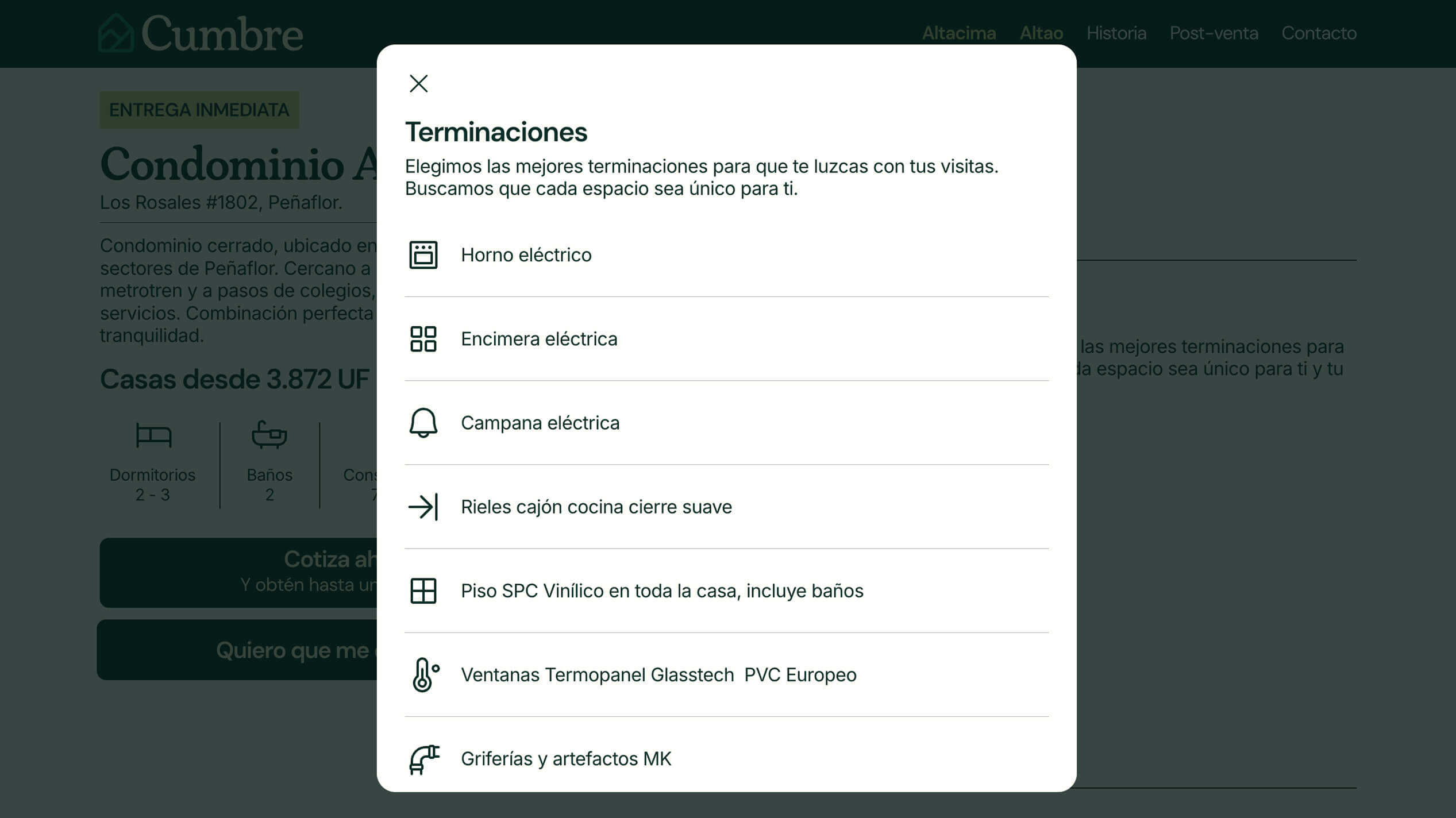 Diseño web desktop Cumbre modal terminaciones proyecto Altacima