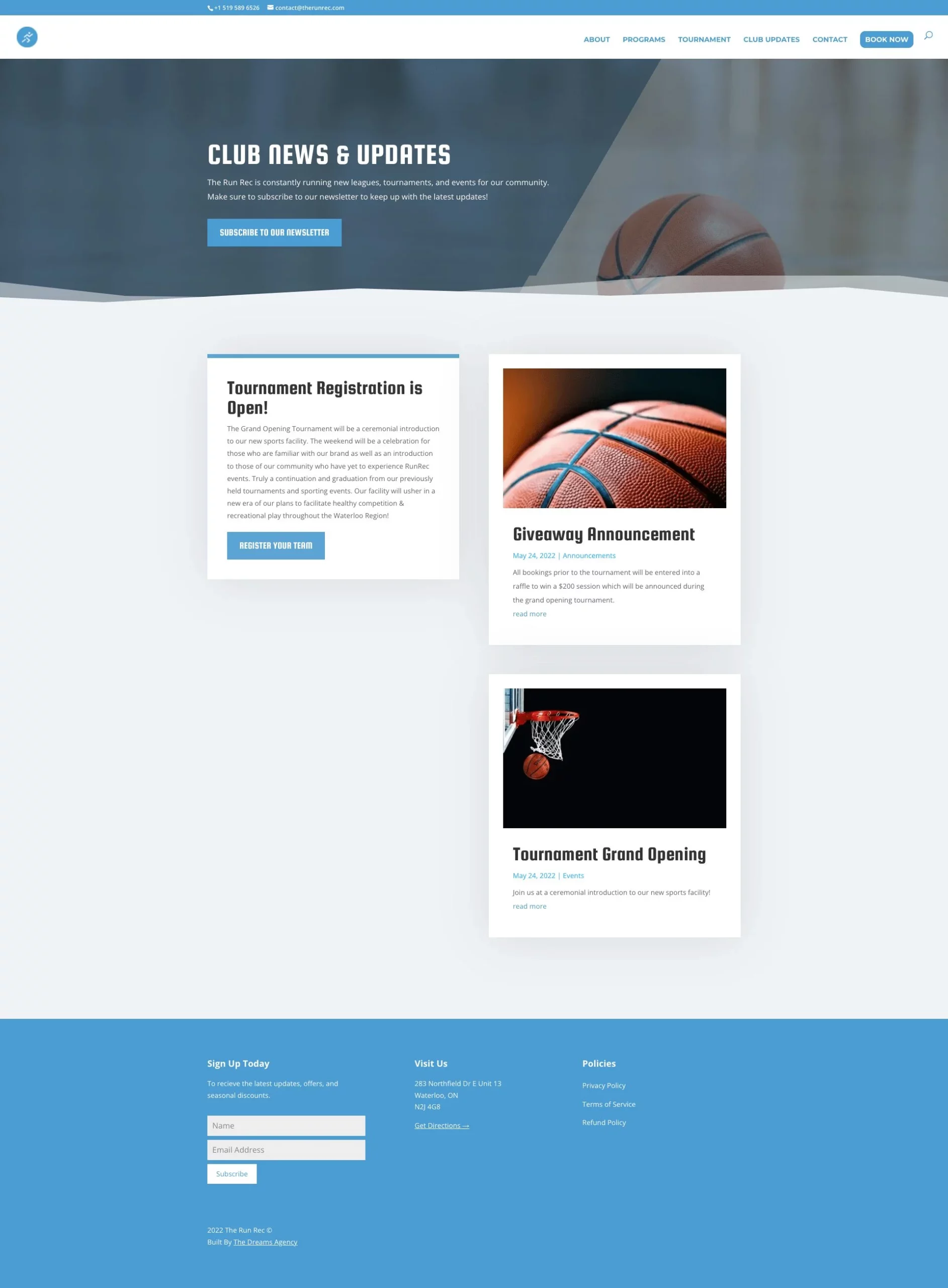 club update page for therunrec website developed & designed by Dreams Agency Mississauga, Ontario