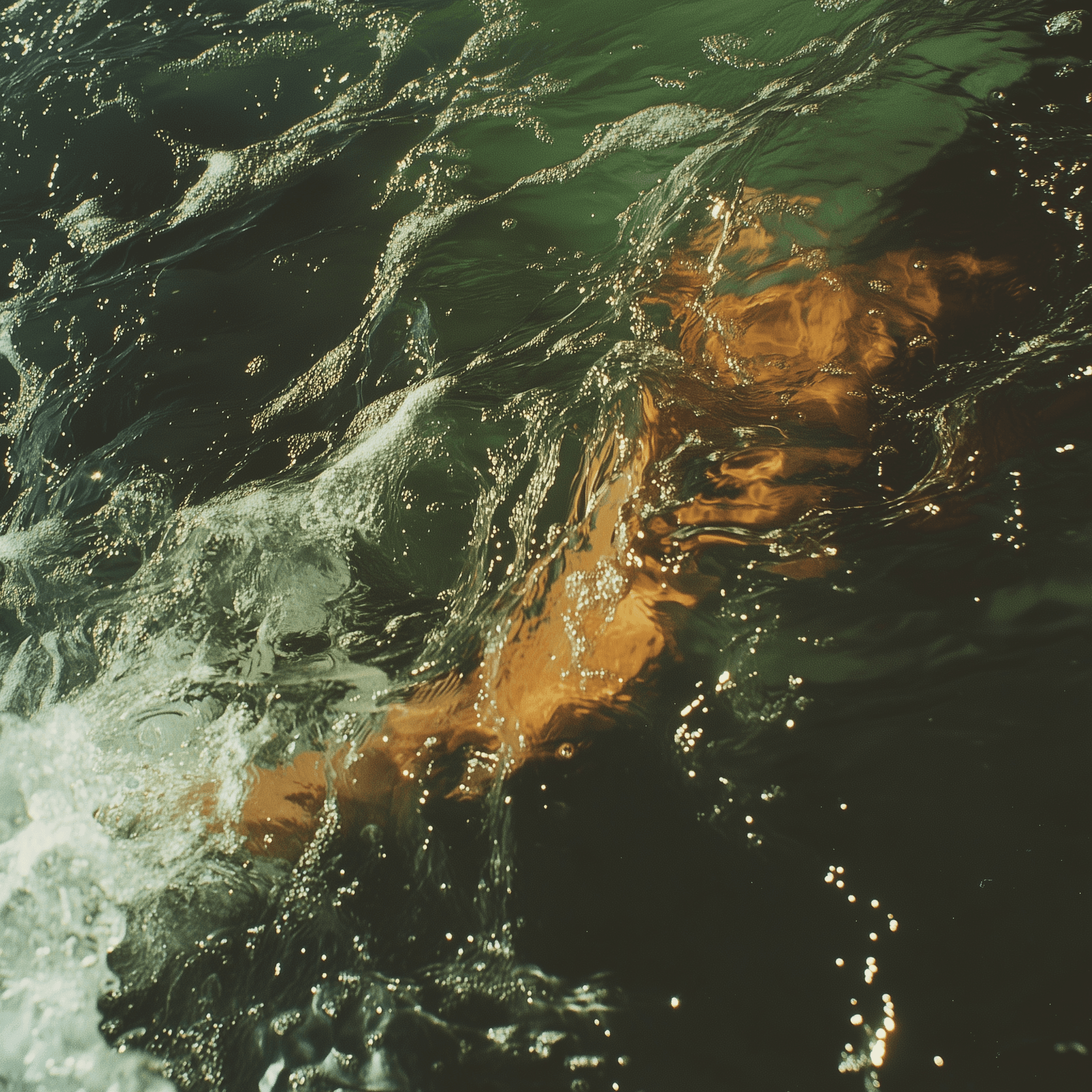 Close-up of water, with green and yellow hues, in a psychedelic, hyper-realistic style of photography.