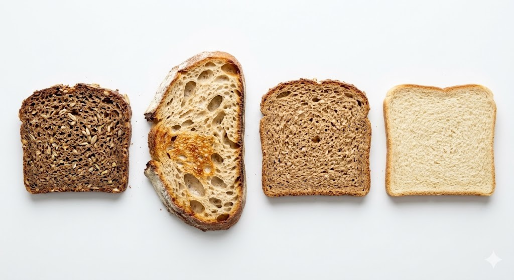 An overhead flat lay photograph comparing four different types of bread slices arranged on a white background: dark sprouted rye, crusty traditional sourdough, whole wheat bread, and white commercial bread.
