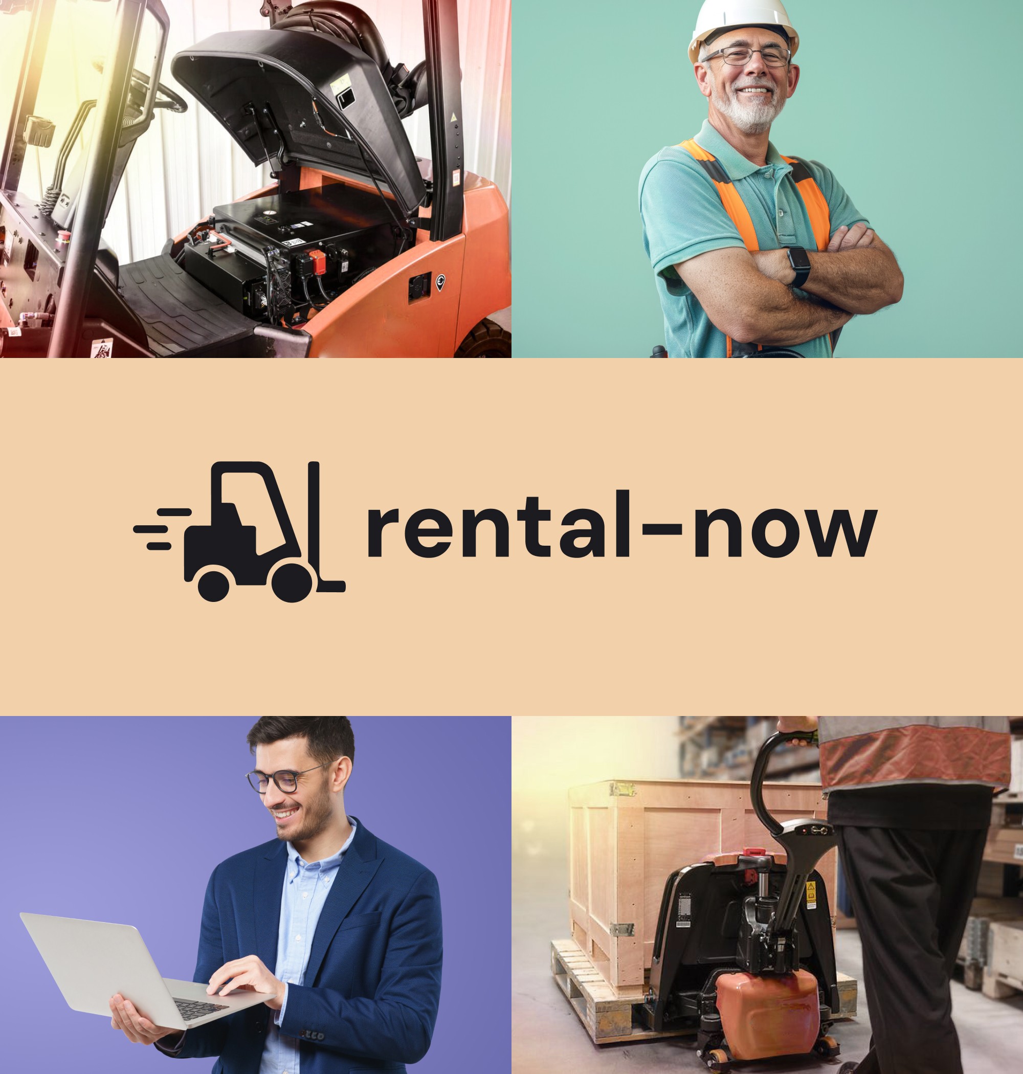 Collage mit dem Logo von rental-now in der Mitte, umgeben von Bildern aus der Logistikbranche: ein Gabelstapler, Arbeiter und ein Mann mit Laptop – symbolisch für moderne Vermietung und effizientes Arbeiten.