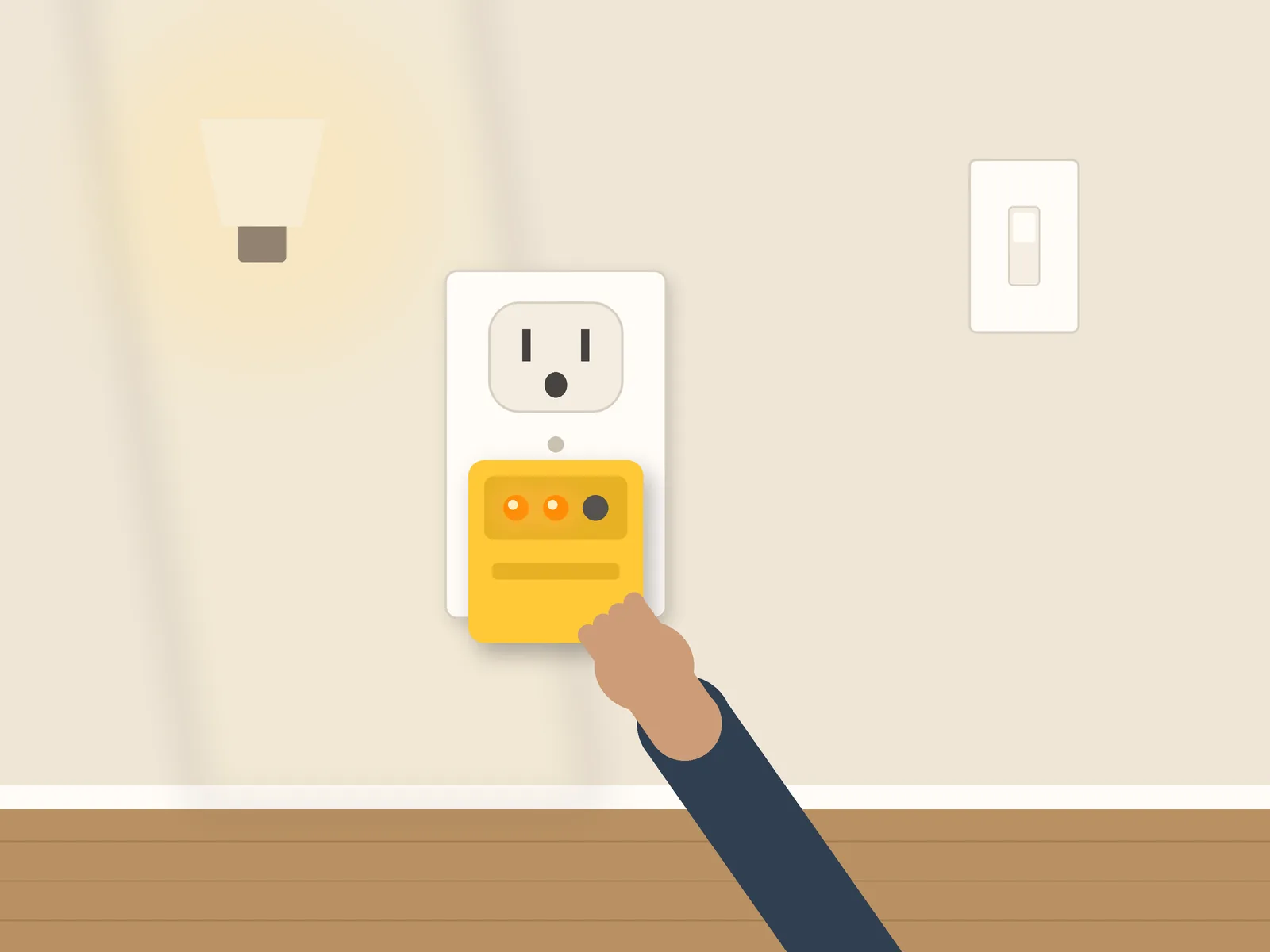 Plug-in tester in a wall outlet showing two lit indicator lights