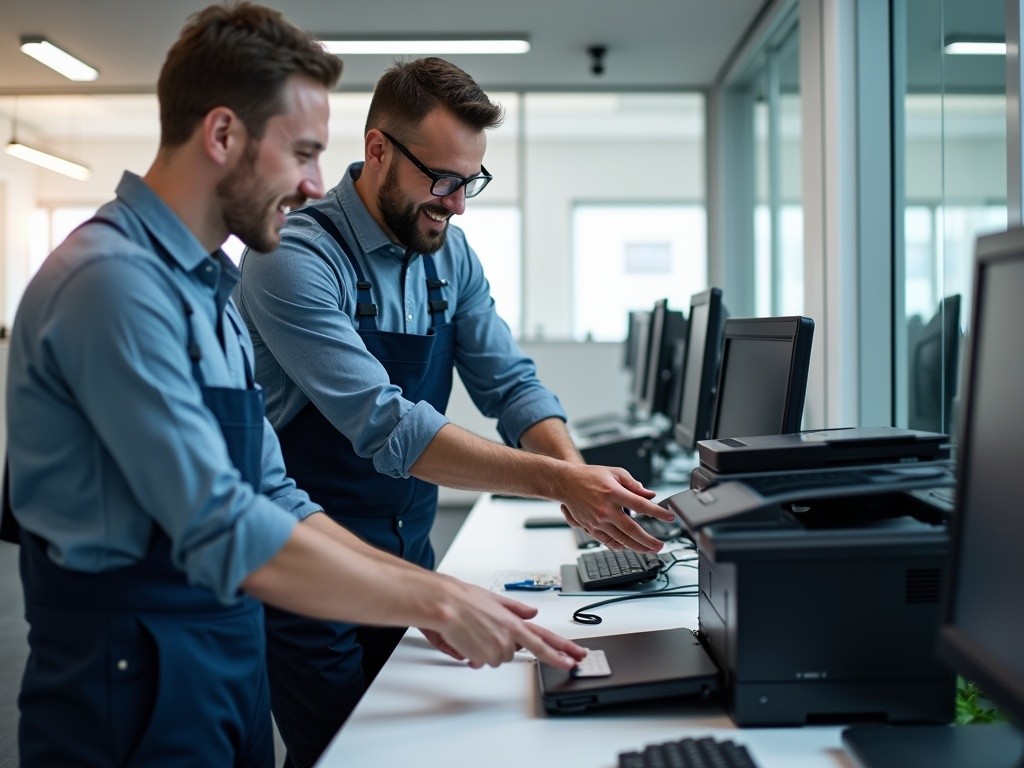 Technicians installing and configuring a printer in an office, showing comprehensive service and support