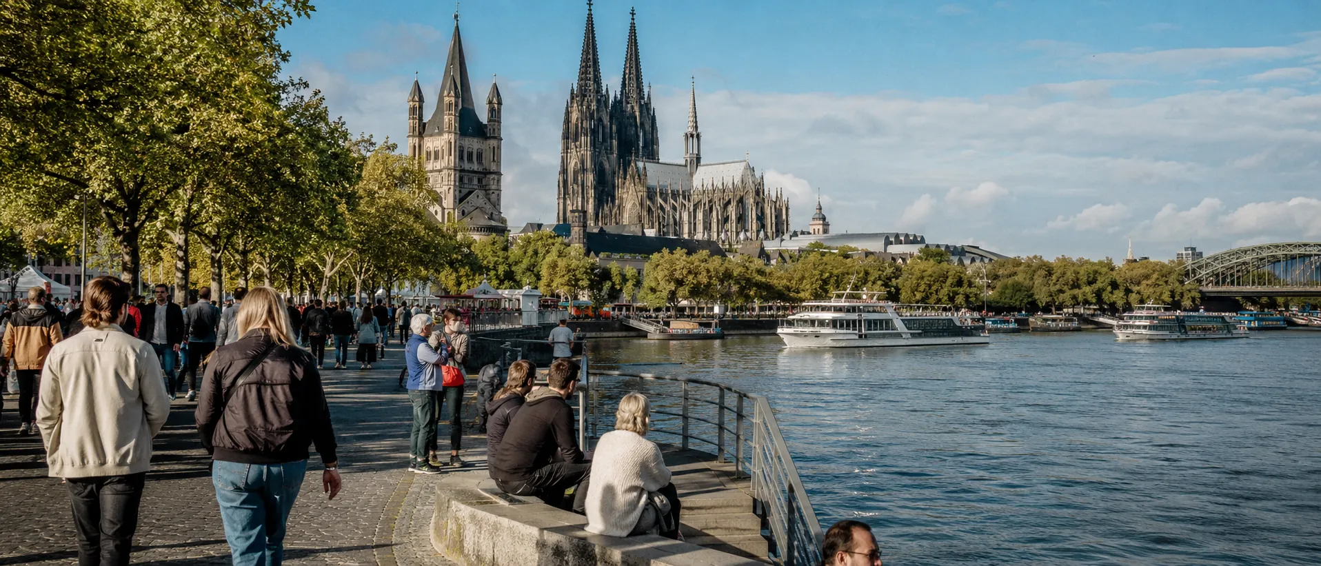 Kölner Altstadt mit Domspitzen, Rheinpromenade und Spaziergängern im Morgenlicht