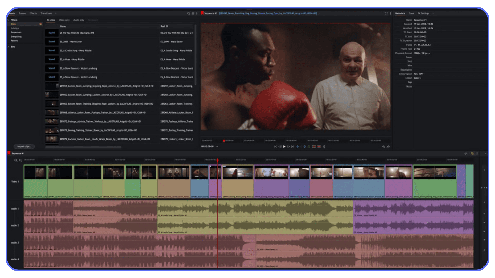 Lightworks editor window showing boxing scene footage, multi-layered audio tracks, and detailed editing timeline.