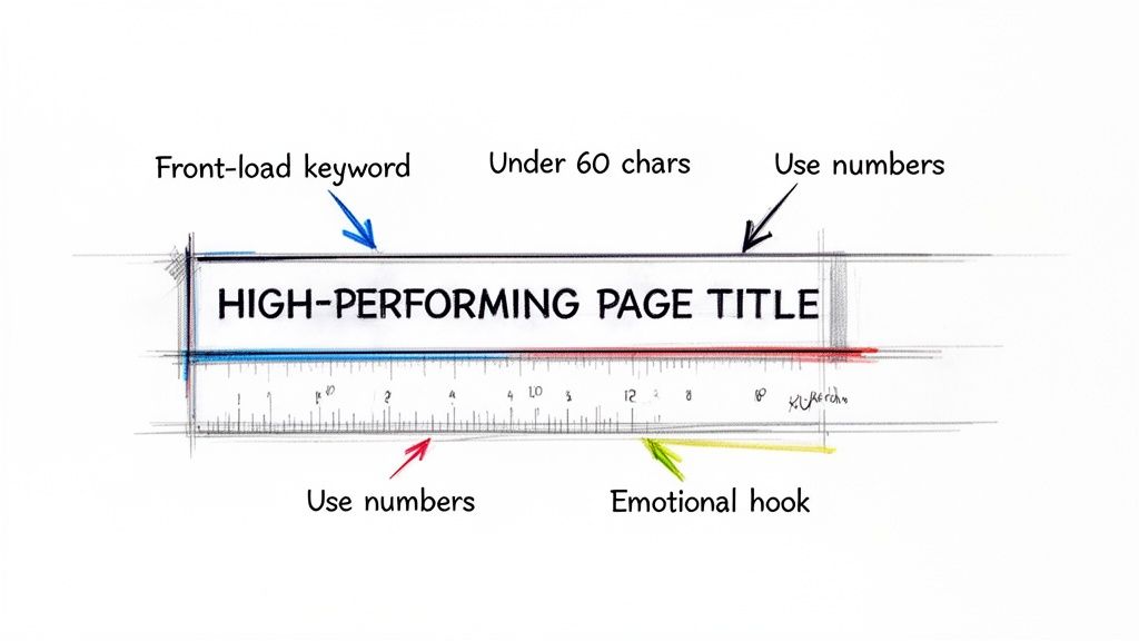 A graphic detailing best practices for a high-performing page title, emphasizing keywords, character count, and emotional appeal.