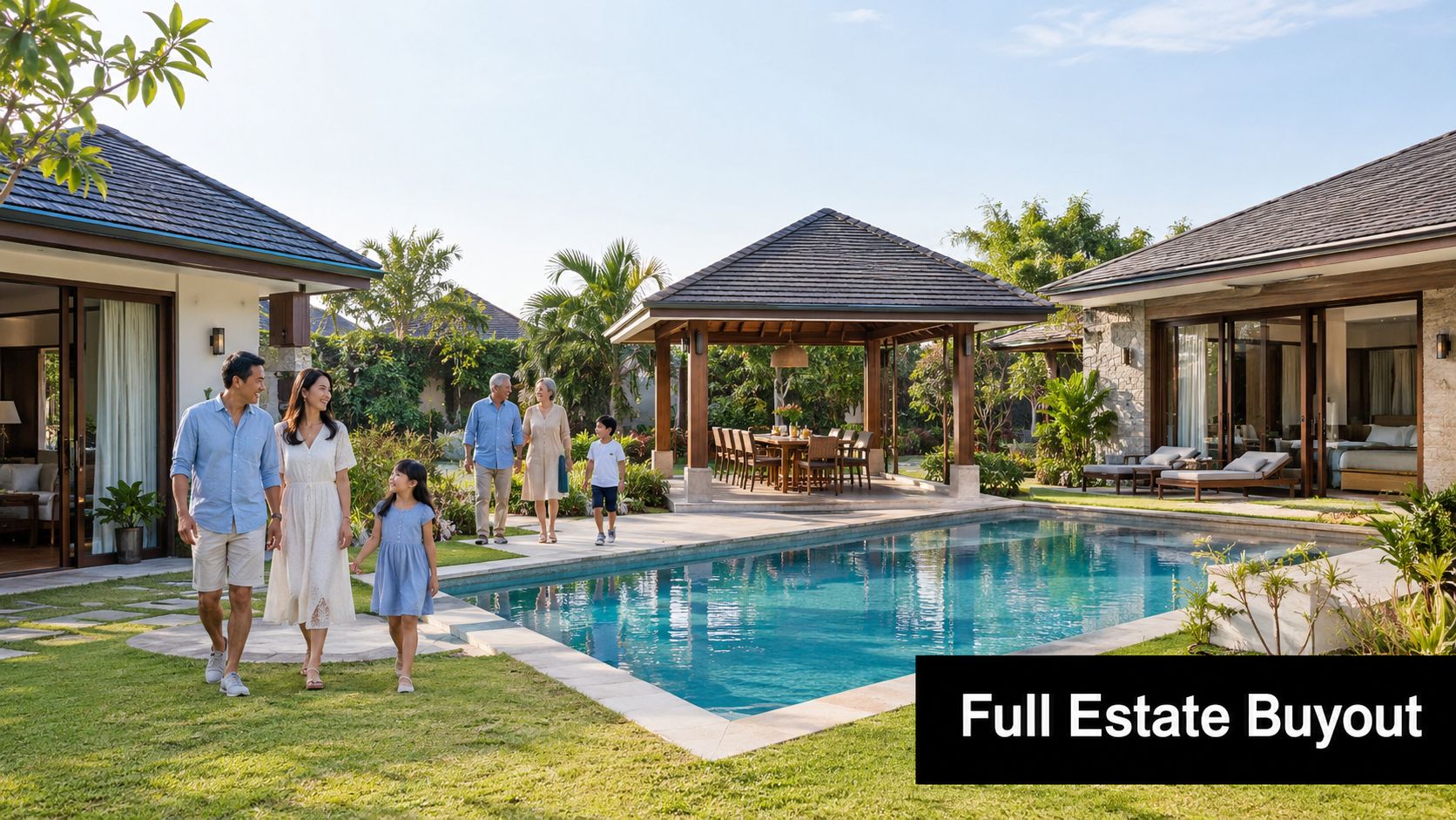 A happy multigenerational family walking together on the lawn of a luxury tropical estate with a pool.