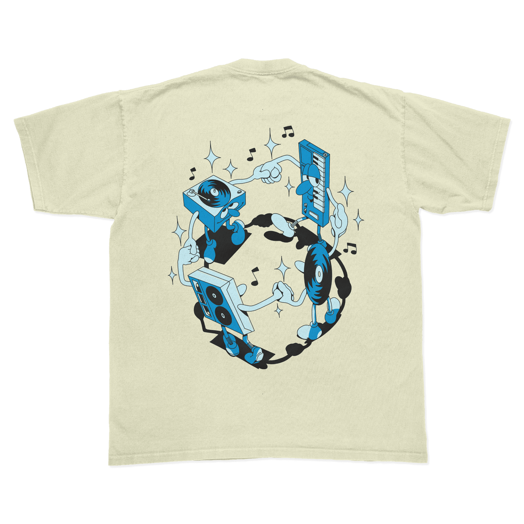 Beige t-shirt with blue and black music-themed graphic on a white background