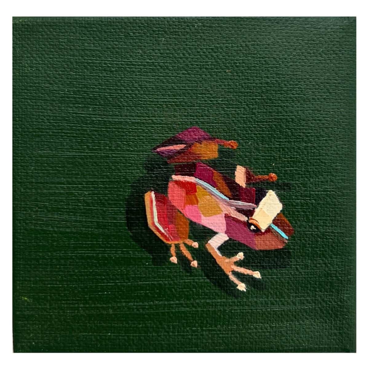 A small square impressionistic oil painting on textured canvas by Jasmine Jardine, featuring a single Bermuda tree frog centered against a solid, dark forest green background. The tiny frog is painted in a highly geometric, blocky style using a rich color palette of magenta, pink, terracotta orange, and tan, accented by a thin, bright turquoise stripe on its back. The frog casts a soft dark shadow to its left, giving it a three-dimensional appearance on the canvas.