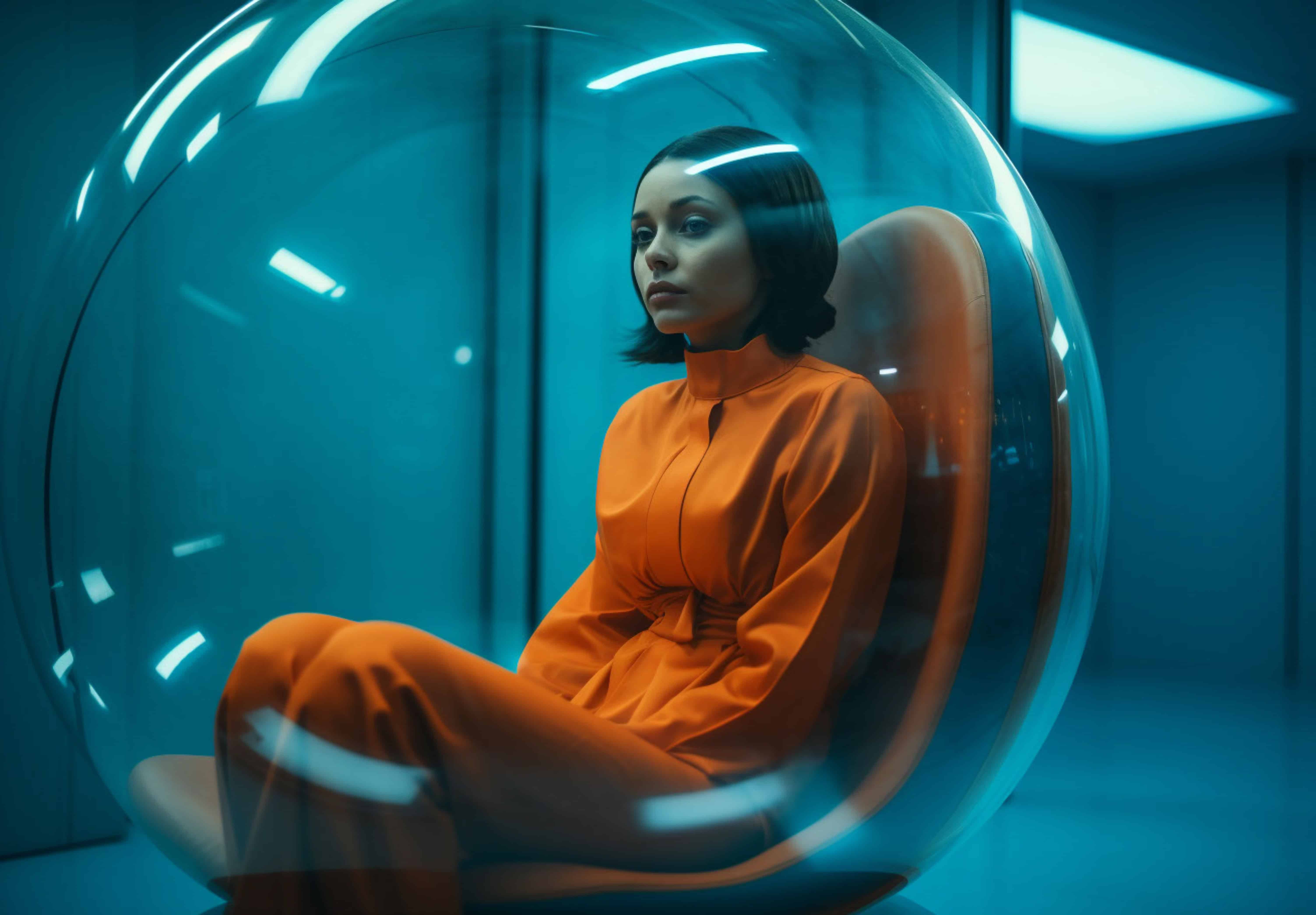 Une femme assise dans une chaise orange en forme de bulle, vêtue d'une combinaison orange, dans un environnement futuriste éclairé en bleu.
