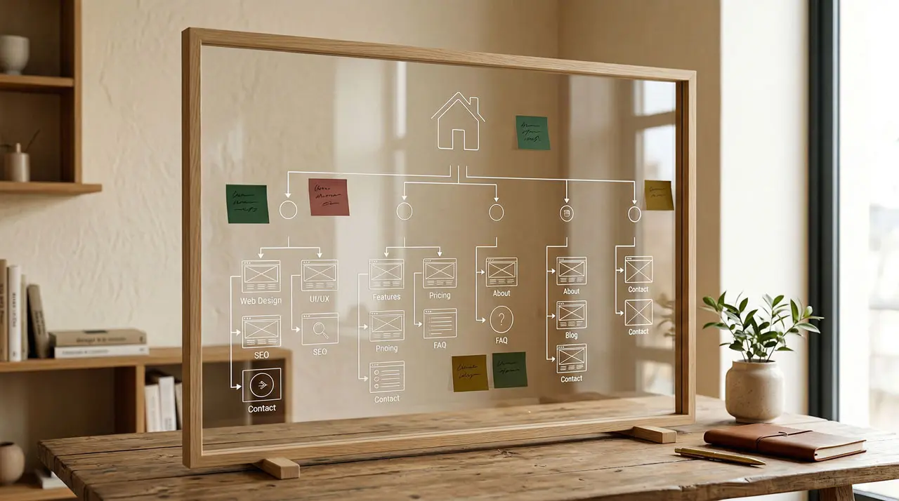 Diagrama de arquitectura de sitio web con jerarquía de páginas y rutas de navegación organizado sobre una superficie transparente.