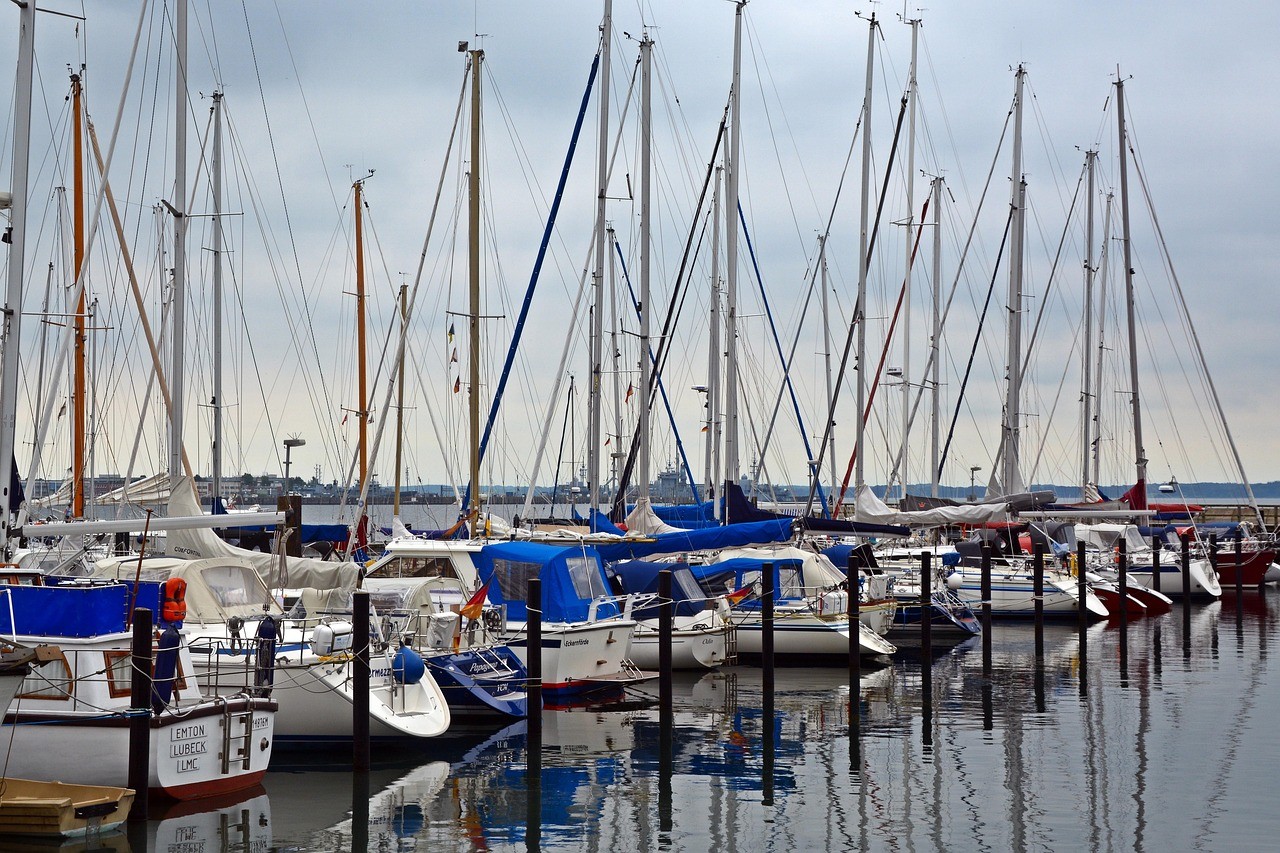 A busy marina filled with an array of sailboats and yachts docked in calm water under a cloudy sky, showcasing a peaceful yet vibrant waterfront scene.