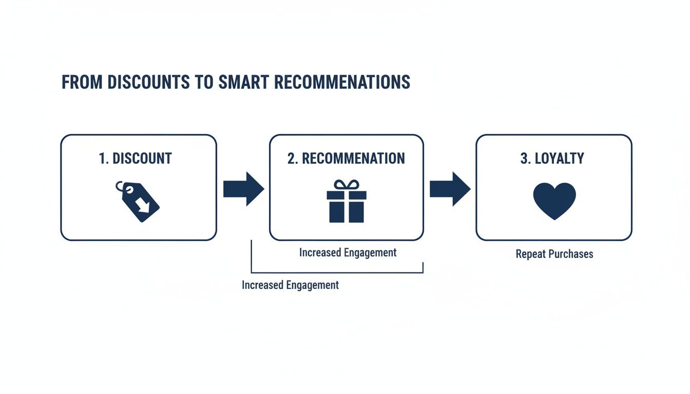 Diagram showing the transition from discounts to smart recommendations, increasing engagement and leading to customer loyalty.