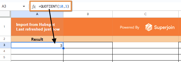 =QUOTIENT(10, 3)