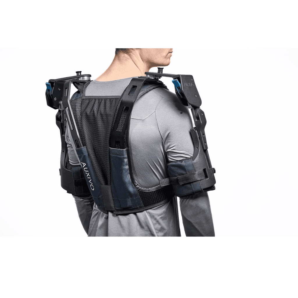 DeltaSuit exoskeleton optimized for shoulder and back support during overhead tasks, reducing muscle fatigue.