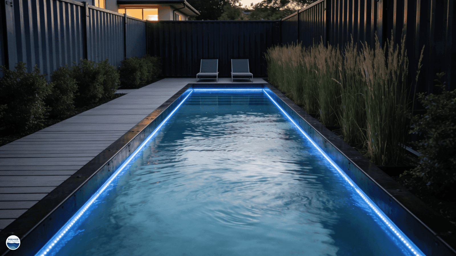 Slim side yard lap lane created with shipping container pool