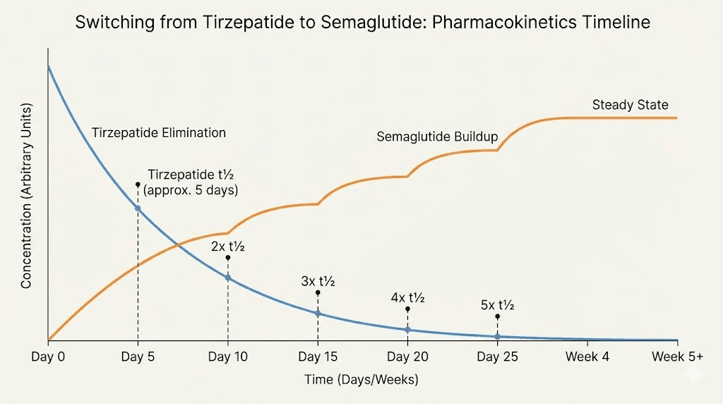 Pharmacokinetic timeline showing tirzepatide clearance half-life and semaglutide steady-state buildup when switching between GLP-1 medications