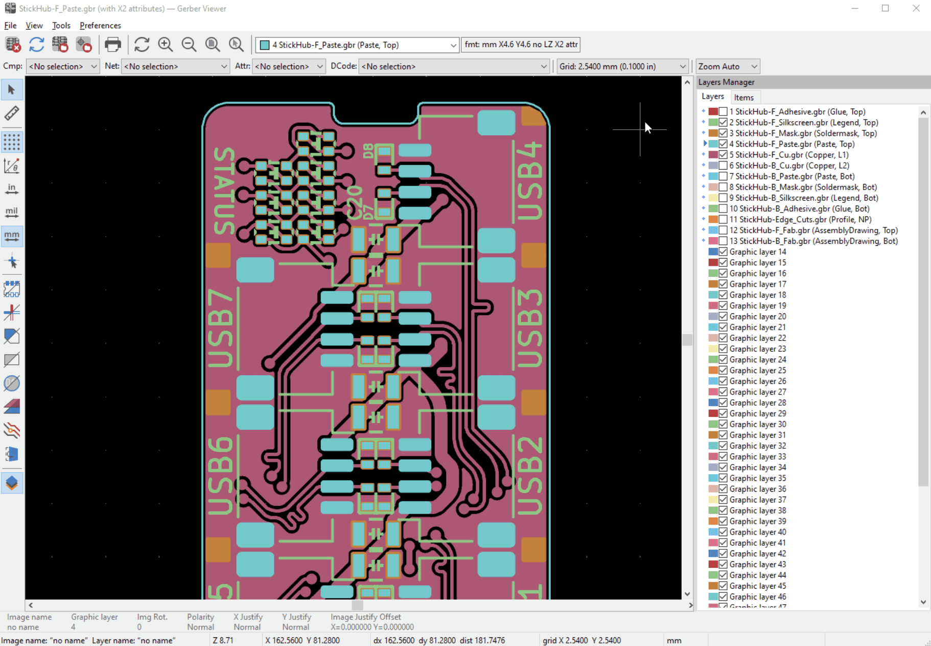 KiCad Gerber Viewer displaying PCB manufacturing layers and layer visibility controls.