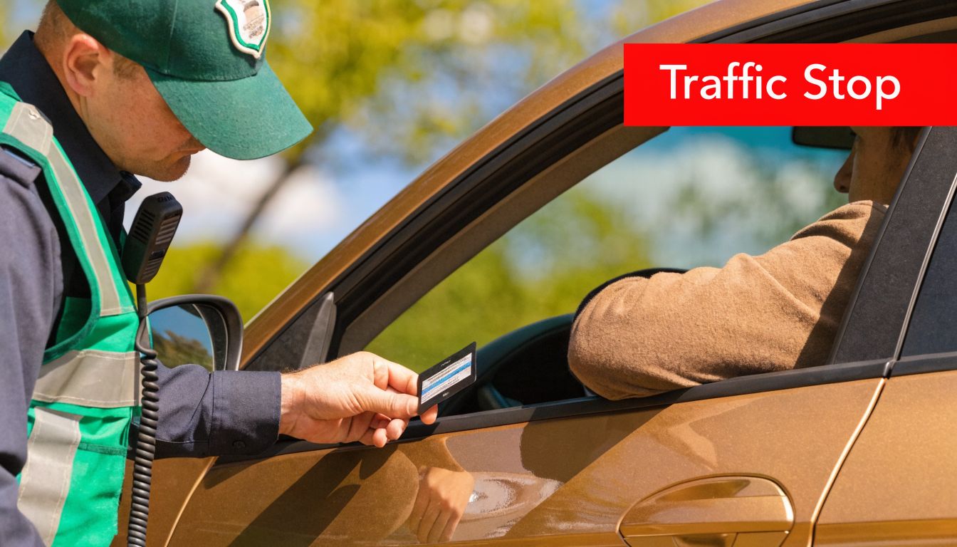 A police officer holding a driver's license while talking to a driver during a roadside traffic stop.
