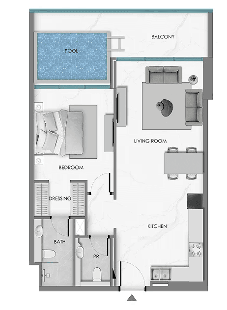 1-bedroom apartment layout for Ocean Crest, illustrating the design and flow of living spaces.