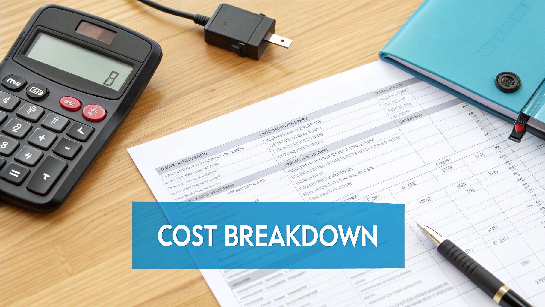 a calculator and finance breakdown on a desk with a blue banner showing text 'cost breakdown'