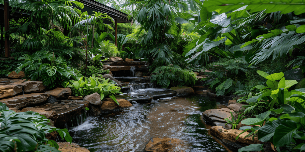 Tranquil garden waterfall surrounded by lush tropical plants in a backyard setting, with water cascading over natural brown stones into a clear, serene pond.