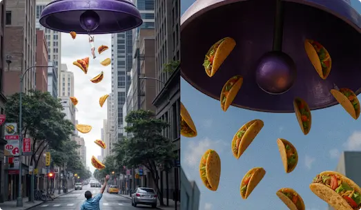 A mixed reality CGI scene of tacos raining down from a giant purple UFO hovering over a city street, with a person on the sidewalk reaching up toward the falling food.