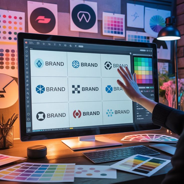 Brand design work displayed on a desktop monitor