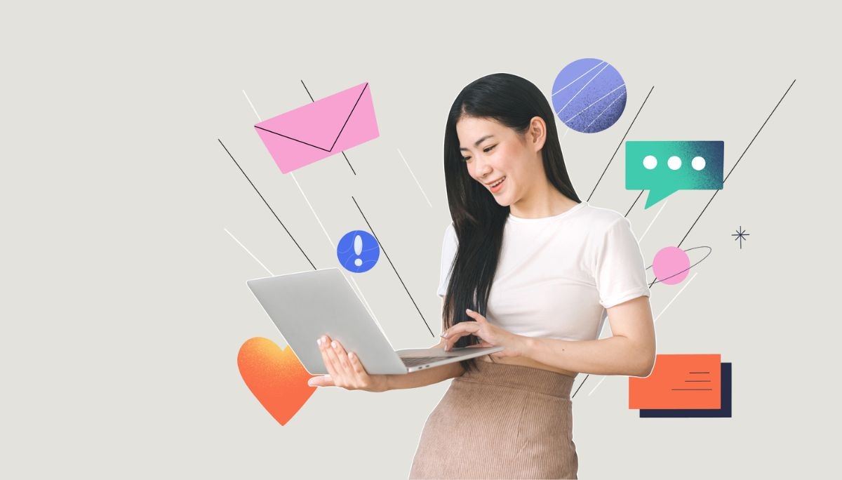 Person using laptop surrounded by chat, email, and social icons, symbolizing how to recruit engineers on social media.