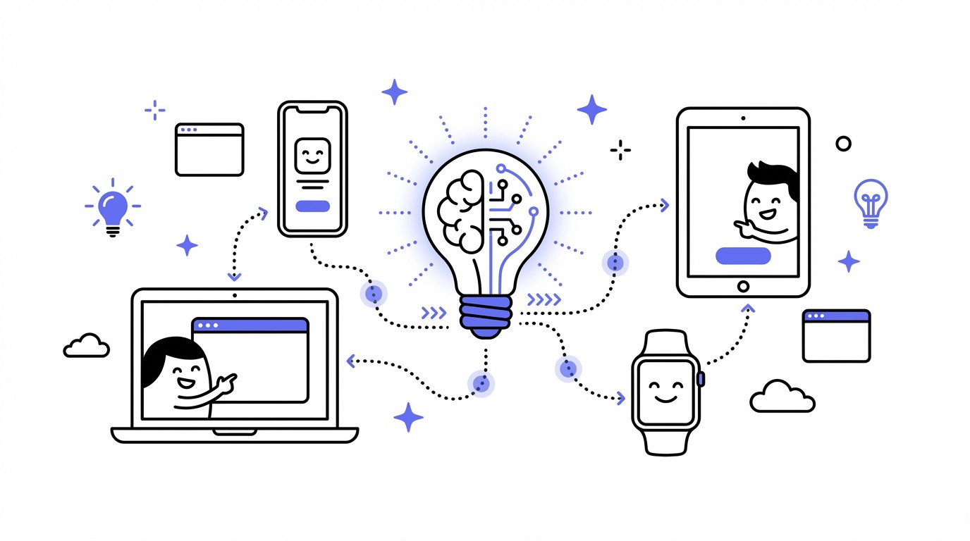 An illustration showing a glowing, abstract AI brain at the center, with luminous data lines connecting it to various customer touchpoint icons like a laptop, smartphone, tablet, and smartwatch, all on a dark, tech-themed background.