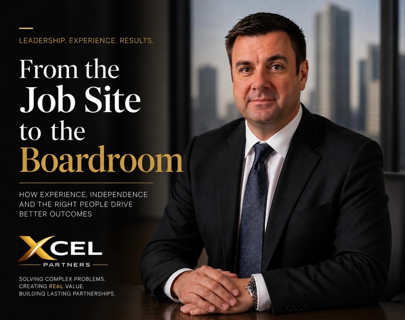 Dan Kraus seated in an office beside Xcel Partners branding and leadership messaging.