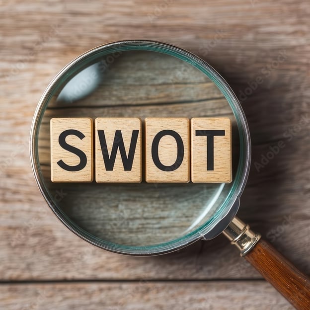 A magnifying glass focusing on the word 'SWOT,' symbolizing analysis and strategic focus in identifying strengths, weaknesses, opportunities, and threats.