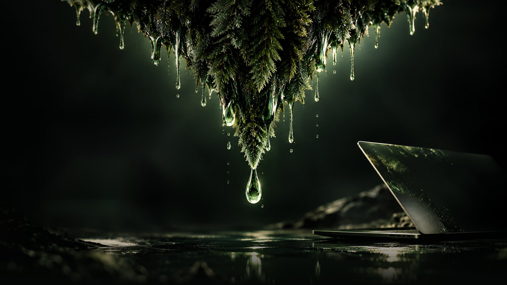 Upside-down evergreen canopy dripping green resin over dark water, with a laptop at the right