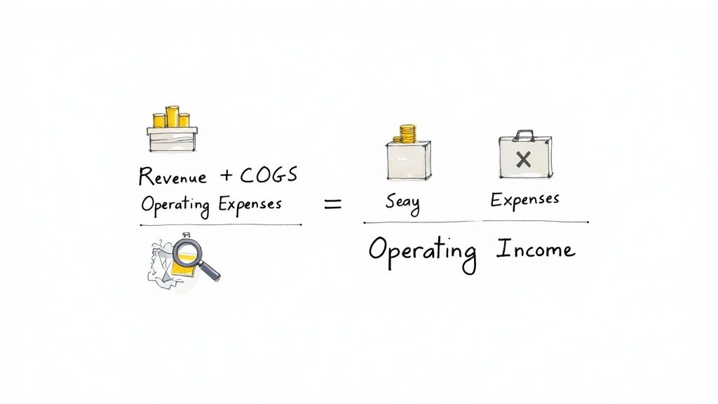 A handwritten financial equation demonstrating how operating income is derived from revenue, COGS, and expenses.