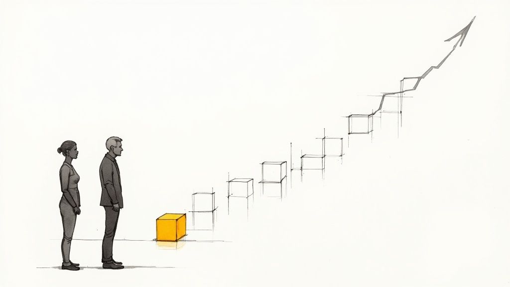 Two individuals look at a series of rising steps with a solid yellow cube at the start, symbolizing growth.
