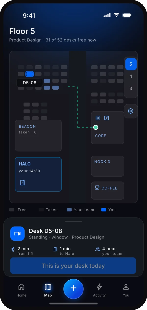 Floor 5 map in the dark theme with your desk and your team highlighted