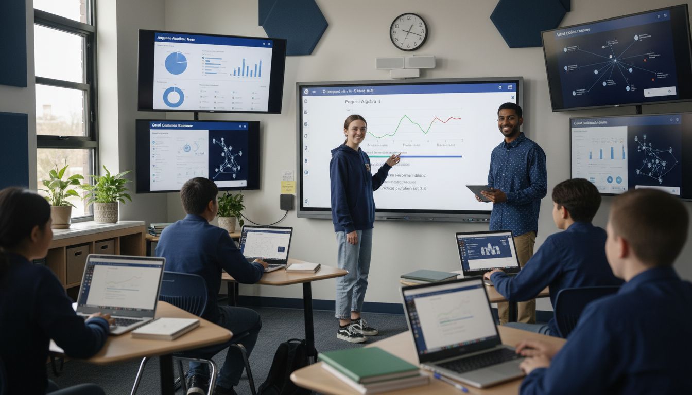 A classroom scene where students with laptops watch a teacher and a student present data charts on large digital screens at the front of the room.