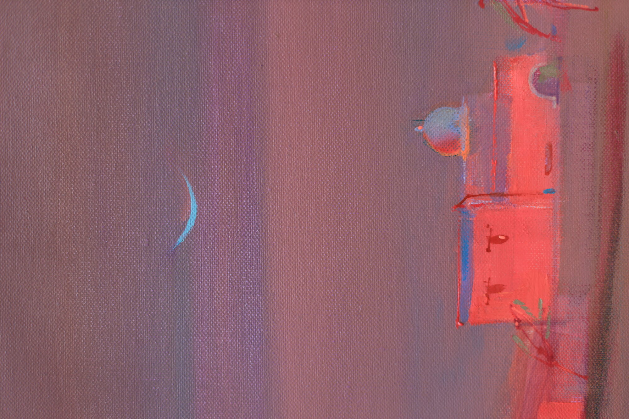 A serene evening scene featuring a crescent moon in a purple-mauve sky, overlooking a softly illuminated, architectural structure with arched windows and a dome.