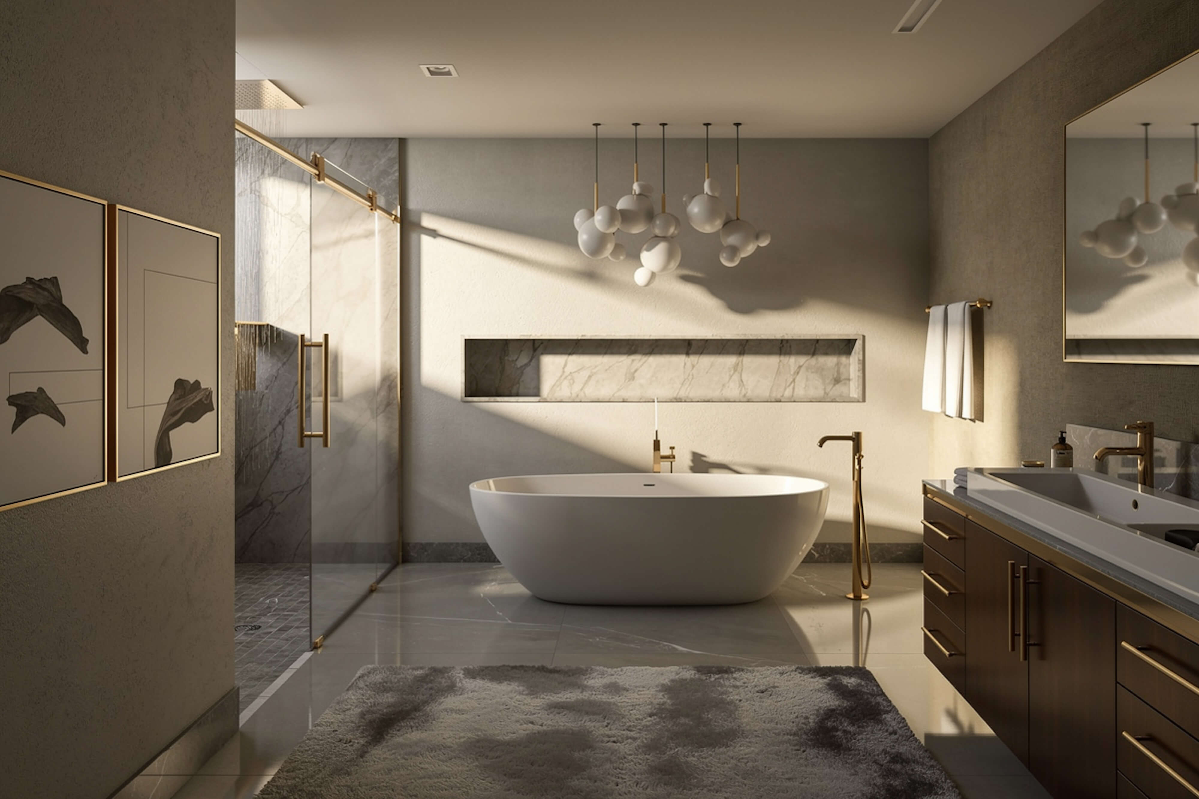 Elegant bathroom with freestanding oval tub, marble shower, brass fixtures, floating vanity, sculptural pendant lights, and warm afternoon sunlight.