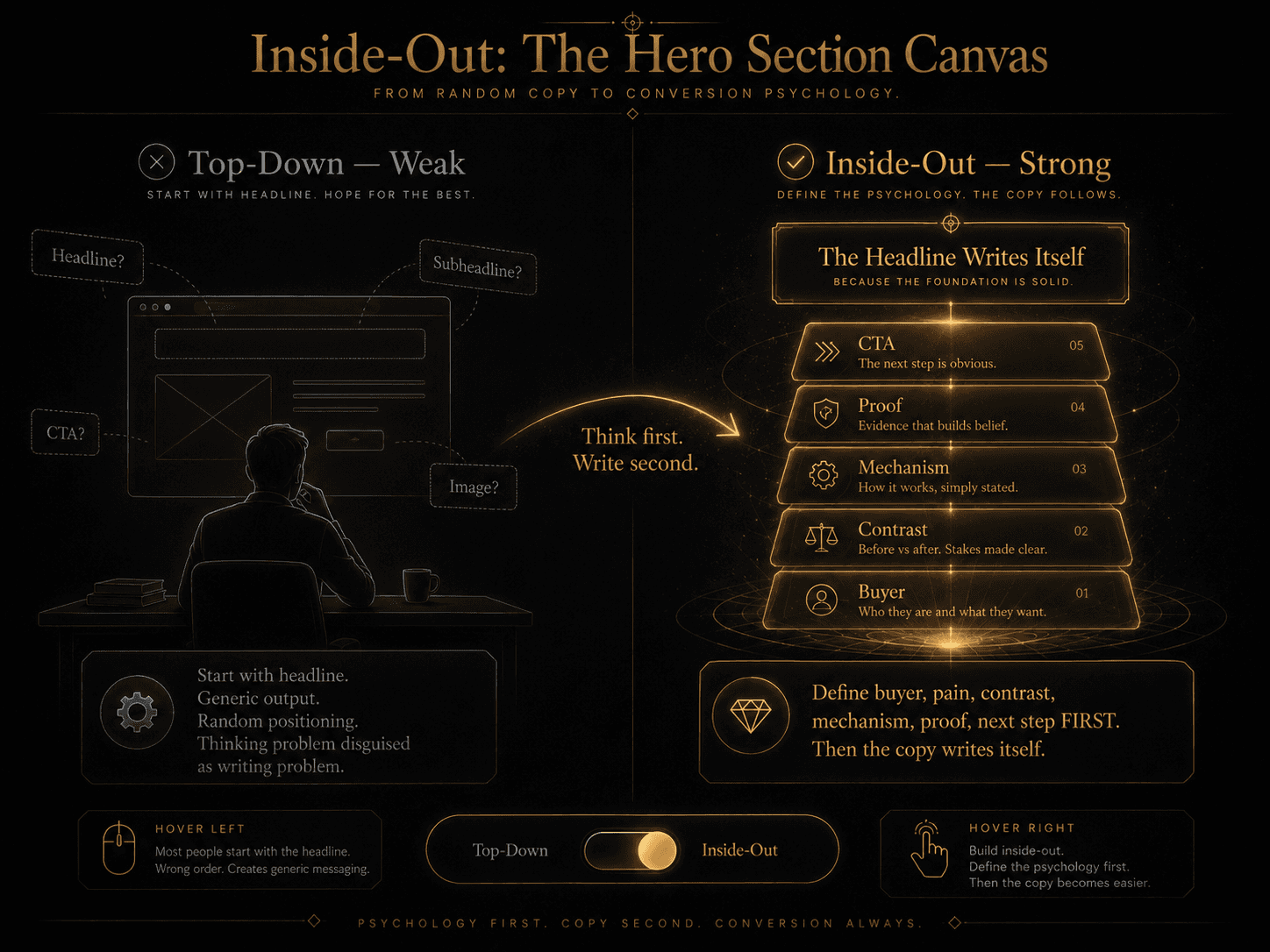 “Inside-Out: The Hero Section Canvas” Concept: A split-screen comparison showing two approaches to building a hero section.  Left side (Top-Down — Weak): A person silhouette sitting at a desk, staring at a blank headline field at the top of a page. Above them, random, disconnected elements float: “Headline?” “Subheadline?” “CTA?” “Image?” The process is chaotic, directionless. Label: “Start with headline. Generic output. Random positioning. Thinking problem disguised as writing problem.”  Right side (Inside-Out — Strong): The same silhouette, but now working on a structured 5-layer canvas. The canvas shows layered cards from bottom to top: Buyer → Contrast → Mechanism → Proof → CTA. At the very top, the headline emerges naturally from the layers below. The process is organized, intentional. Label: “Define buyer, pain, contrast, mechanism, proof, next step FIRST. Then the copy writes itself.”  A curved arrow points from left to right with the word: “Think first. Write second.”  Style: Dark charcoal background. Left side: desaturated grey, chaotic, disconnected. Right side: warm gold/amber, structured, layered, organized. The contrast is stark.  Interaction: Hovering the left side reveals: “Most people start with the headline. Wrong order. Creates generic messaging.” Hovering the right side reveals: “Build inside-out. Define the psychology first. Then the copy becomes easier.” A toggle switches between “Top-Down” and “Inside-Out” approaches.